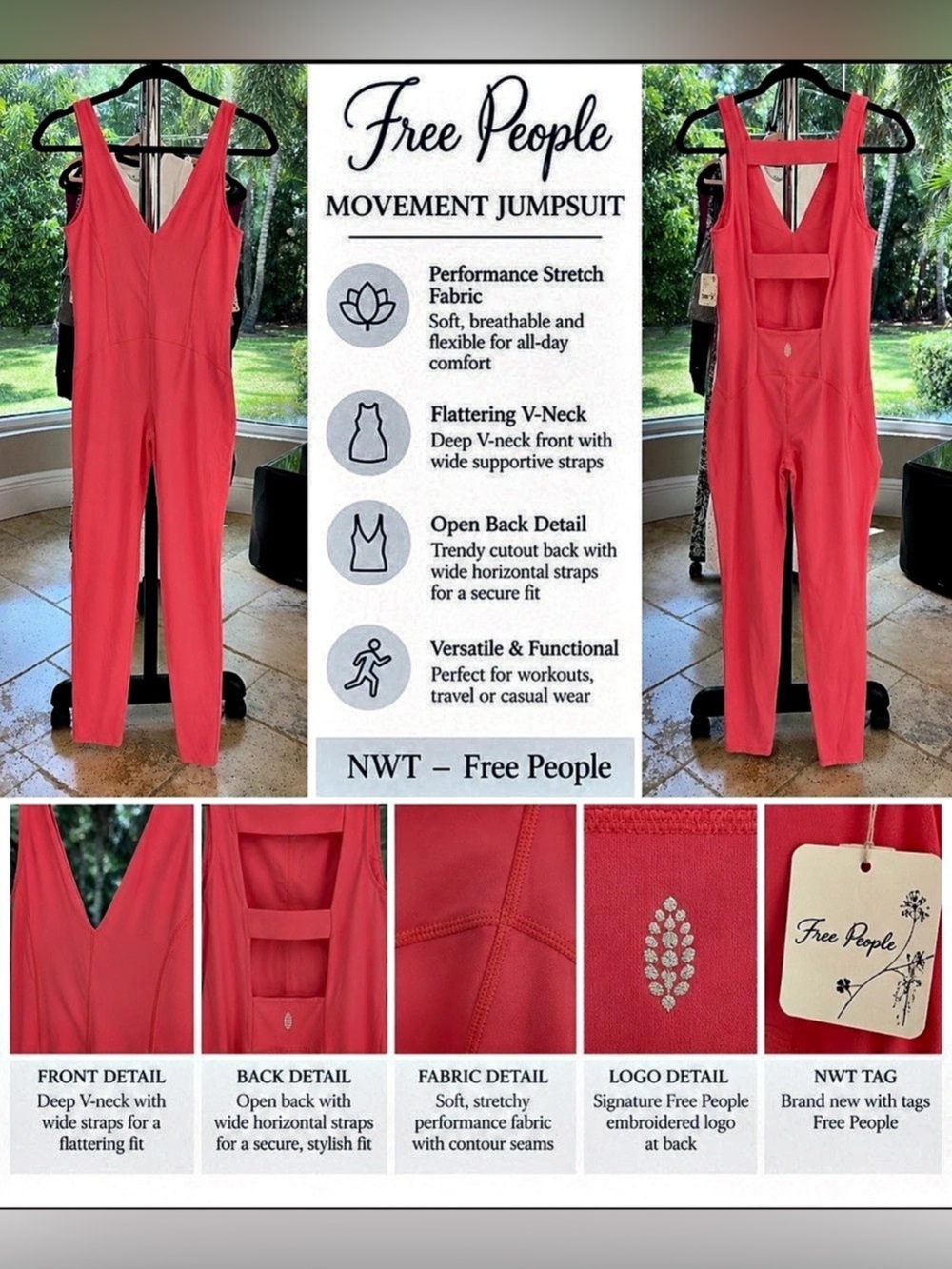 NWT Free People FP Movement Back It Up Jumpsuit Coral Pink